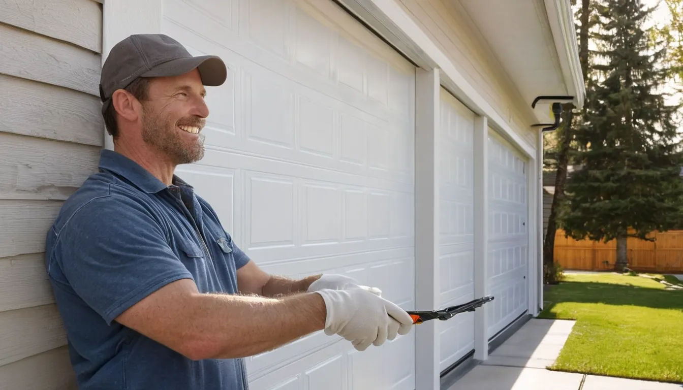 A local provider fitting a new insulated garage door on a home in Castle Pines